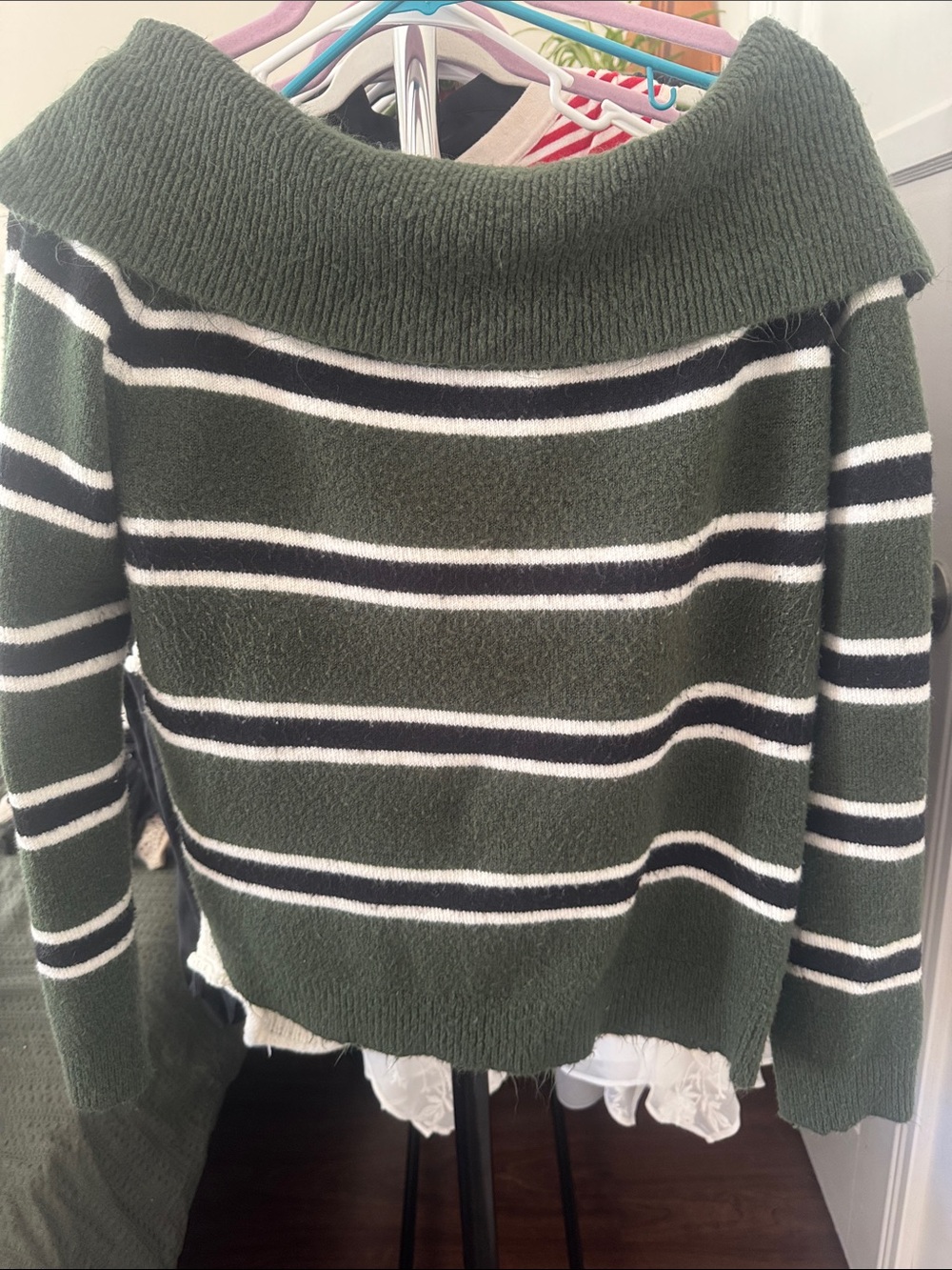 Ci Sono Olive Green Off-Shoulder Striped Sweater